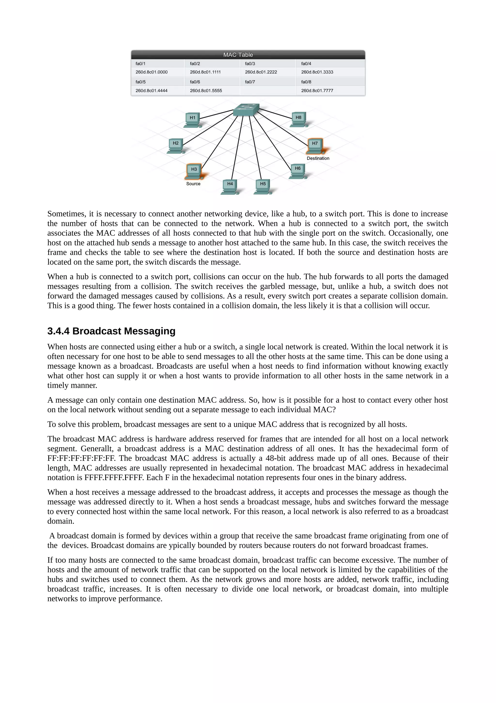 Sometimes, it is necessary to connect another networking device, like a hub, to a switch port. This is done to increase
the number of hosts that can be connected to the network. When a hub is connected to a switch port, the switch
associates the MAC addresses of all hosts connected to that hub with the single port on the switch. Occasionally, one
host on the attached hub sends a message to another host attached to the same hub. In this case, the switch receives the
frame and checks the table to see where the destination host is located. If both the source and destination hosts are
located on the same port, the switch discards the message.
When a hub is connected to a switch port, collisions can occur on the hub. The hub forwards to all ports the damaged
messages resulting from a collision. The switch receives the garbled message, but, unlike a hub, a switch does not
forward the damaged messages caused by collisions. As a result, every switch port creates a separate collision domain.
This is a good thing. The fewer hosts contained in a collision domain, the less likely it is that a collision will occur.


3.4.4 Broadcast Messaging
When hosts are connected using either a hub or a switch, a single local network is created. Within the local network it is
often necessary for one host to be able to send messages to all the other hosts at the same time. This can be done using a
message known as a broadcast. Broadcasts are useful when a host needs to find information without knowing exactly
what other host can supply it or when a host wants to provide information to all other hosts in the same network in a
timely manner.
A message can only contain one destination MAC address. So, how is it possible for a host to contact every other host
on the local network without sending out a separate message to each individual MAC?
To solve this problem, broadcast messages are sent to a unique MAC address that is recognized by all hosts.
The broadcast MAC address is hardware address reserved for frames that are intended for all host on a local network
segment. Generallt, a broadcast address is a MAC destination address of all ones. It has the hexadecimal form of
FF:FF:FF:FF:FF:FF. The broadcast MAC address is actually a 48-bit address made up of all ones. Because of their
length, MAC addresses are usually represented in hexadecimal notation. The broadcast MAC address in hexadecimal
notation is FFFF.FFFF.FFFF. Each F in the hexadecimal notation represents four ones in the binary address.
When a host receives a message addressed to the broadcast address, it accepts and processes the message as though the
message was addressed directly to it. When a host sends a broadcast message, hubs and switches forward the message
to every connected host within the same local network. For this reason, a local network is also referred to as a broadcast
domain.
 A broadcast domain is formed by devices within a group that receive the same broadcast frame originating from one of
the devices. Broadcast domains are ypically bounded by routers because routers do not forward broadcast frames.
If too many hosts are connected to the same broadcast domain, broadcast traffic can become excessive. The number of
hosts and the amount of network traffic that can be supported on the local network is limited by the capabilities of the
hubs and switches used to connect them. As the network grows and more hosts are added, network traffic, including
broadcast traffic, increases. It is often necessary to divide one local network, or broadcast domain, into multiple
networks to improve performance.
 