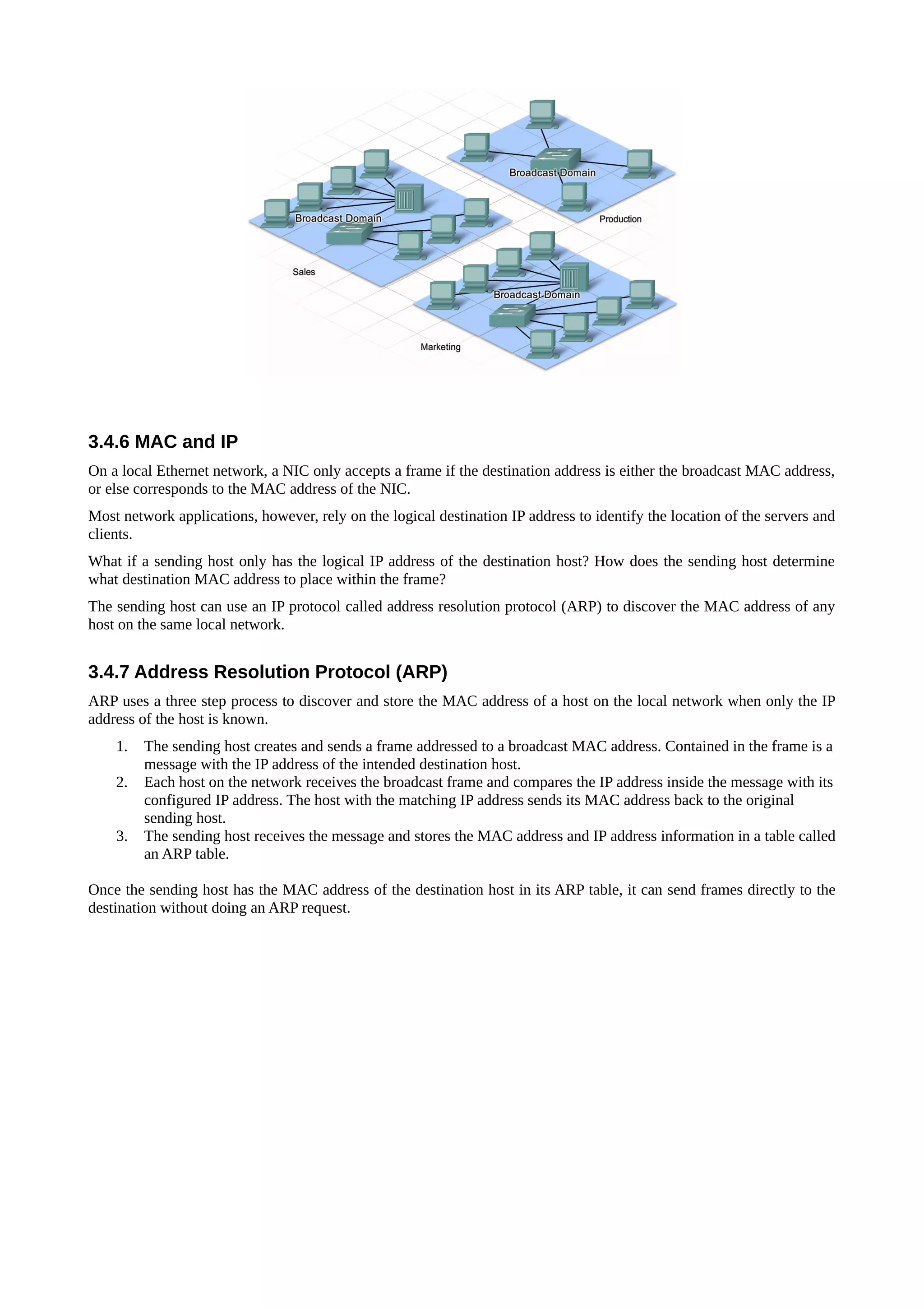 3.4.6 MAC and IP
On a local Ethernet network, a NIC only accepts a frame if the destination address is either the broadcast MAC address,
or else corresponds to the MAC address of the NIC.
Most network applications, however, rely on the logical destination IP address to identify the location of the servers and
clients.
What if a sending host only has the logical IP address of the destination host? How does the sending host determine
what destination MAC address to place within the frame?
The sending host can use an IP protocol called address resolution protocol (ARP) to discover the MAC address of any
host on the same local network.


3.4.7 Address Resolution Protocol (ARP)
ARP uses a three step process to discover and store the MAC address of a host on the local network when only the IP
address of the host is known.
    1.   The sending host creates and sends a frame addressed to a broadcast MAC address. Contained in the frame is a
         message with the IP address of the intended destination host.
    2.   Each host on the network receives the broadcast frame and compares the IP address inside the message with its
         configured IP address. The host with the matching IP address sends its MAC address back to the original
         sending host.
    3.   The sending host receives the message and stores the MAC address and IP address information in a table called
         an ARP table.

Once the sending host has the MAC address of the destination host in its ARP table, it can send frames directly to the
destination without doing an ARP request.
 