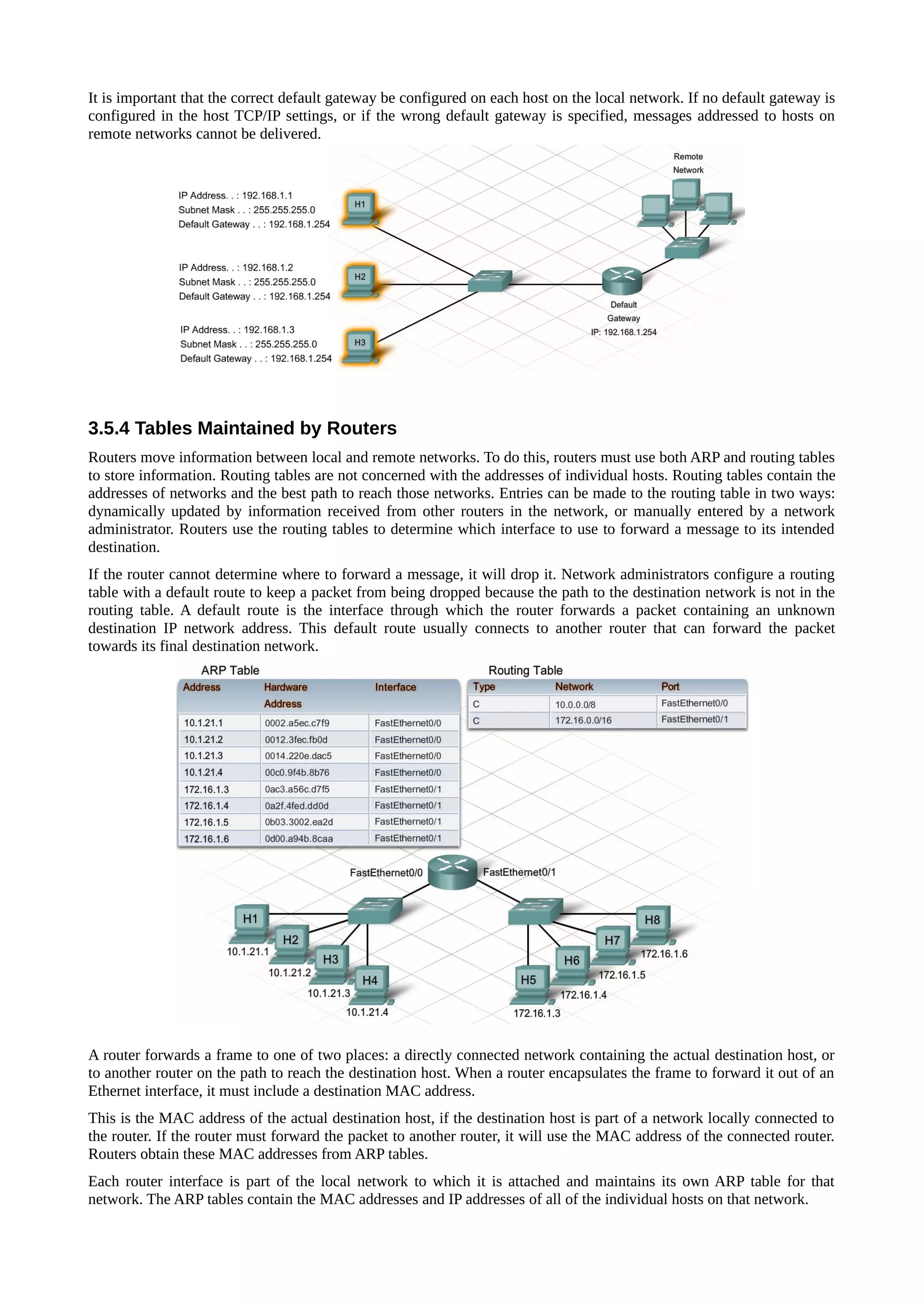 It is important that the correct default gateway be configured on each host on the local network. If no default gateway is
configured in the host TCP/IP settings, or if the wrong default gateway is specified, messages addressed to hosts on
remote networks cannot be delivered.




3.5.4 Tables Maintained by Routers
Routers move information between local and remote networks. To do this, routers must use both ARP and routing tables
to store information. Routing tables are not concerned with the addresses of individual hosts. Routing tables contain the
addresses of networks and the best path to reach those networks. Entries can be made to the routing table in two ways:
dynamically updated by information received from other routers in the network, or manually entered by a network
administrator. Routers use the routing tables to determine which interface to use to forward a message to its intended
destination.
If the router cannot determine where to forward a message, it will drop it. Network administrators configure a routing
table with a default route to keep a packet from being dropped because the path to the destination network is not in the
routing table. A default route is the interface through which the router forwards a packet containing an unknown
destination IP network address. This default route usually connects to another router that can forward the packet
towards its final destination network.




A router forwards a frame to one of two places: a directly connected network containing the actual destination host, or
to another router on the path to reach the destination host. When a router encapsulates the frame to forward it out of an
Ethernet interface, it must include a destination MAC address.
This is the MAC address of the actual destination host, if the destination host is part of a network locally connected to
the router. If the router must forward the packet to another router, it will use the MAC address of the connected router.
Routers obtain these MAC addresses from ARP tables.
Each router interface is part of the local network to which it is attached and maintains its own ARP table for that
network. The ARP tables contain the MAC addresses and IP addresses of all of the individual hosts on that network.
 