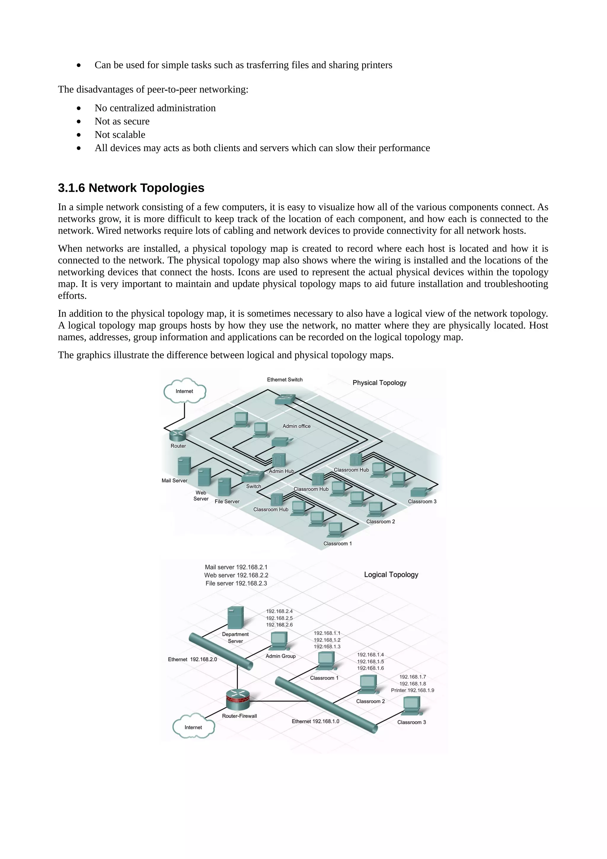 •   Can be used for simple tasks such as trasferring files and sharing printers

The disadvantages of peer-to-peer networking:
    •   No centralized administration
    •   Not as secure
    •   Not scalable
    •   All devices may acts as both clients and servers which can slow their performance



3.1.6 Network Topologies
In a simple network consisting of a few computers, it is easy to visualize how all of the various components connect. As
networks grow, it is more difficult to keep track of the location of each component, and how each is connected to the
network. Wired networks require lots of cabling and network devices to provide connectivity for all network hosts.
When networks are installed, a physical topology map is created to record where each host is located and how it is
connected to the network. The physical topology map also shows where the wiring is installed and the locations of the
networking devices that connect the hosts. Icons are used to represent the actual physical devices within the topology
map. It is very important to maintain and update physical topology maps to aid future installation and troubleshooting
efforts.
In addition to the physical topology map, it is sometimes necessary to also have a logical view of the network topology.
A logical topology map groups hosts by how they use the network, no matter where they are physically located. Host
names, addresses, group information and applications can be recorded on the logical topology map.
The graphics illustrate the difference between logical and physical topology maps.
 