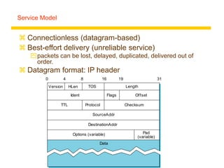 Service Model
 Connectionless (datagram-based)
 Best-effort delivery (unreliable service)
packets can be lost, delayed, duplicated, delivered out of
order.
 Datagram format: IP header
Version HLen TOS Length
Ident Flags Offset
TTL Protocol Checksum
SourceAddr
DestinationAddr
Options (variable) Pad
(variable)
0 4 8 16 19 31
Data
 