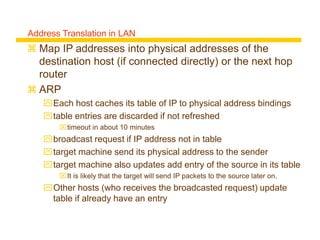 Address Translation in LAN
 Map IP addresses into physical addresses of the
destination host (if connected directly) or the next hop
router
 ARP
Each host caches its table of IP to physical address bindings
table entries are discarded if not refreshed
timeout in about 10 minutes
broadcast request if IP address not in table
target machine send its physical address to the sender
target machine also updates add entry of the source in its table
It is likely that the target will send IP packets to the source later on.
Other hosts (who receives the broadcasted request) update
table if already have an entry
 