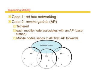 Supporting Mobility
Case 1: ad hoc networking
Case 2: access points (AP)
Tethered
each mobile node associates with an AP (base
station)
Mobile nodes sends to AP first; AP forwards
B
H
A
F
G
D
AP-2
AP-3
AP-1
C E
Distribution system
 