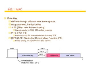 802.11 MAC
 Priorities
 defined through different inter frame spaces
 no guaranteed, hard priorities
 SIFS (Short Inter Frame Spacing)
 highest priority, for ACK, CTS, polling response
 PIFS (PCF IFS)
 medium priority, for time-bounded service using PCF
 DIFS (DCF, Distributed Coordination Function IFS)
 lowest priority, for asynchronous data service
t
medium busy
SIFS
PIFS
DIFS
DIFS
next frame
contention
direct access if
medium is free  DIFS
 