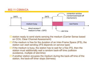 802.11 CSMA/CA
t
medium busy
DIFS
DIFS
next frame
contention window
(randomized back-off
mechanism)
 station ready to send starts sensing the medium (Carrier Sense based
on CCA, Clear Channel Assessment)
 if the medium is free for the duration of an Inter-Frame Space (IFS), the
station can start sending (IFS depends on service type)
 if the medium is busy, the station has to wait for a free IFS, then the
station must additionally wait a random back-off time (collision
avoidance, multiple of slot-time)
 if another station occupies the medium during the back-off time of the
station, the back-off timer stops (fairness)
slot time
direct access if
medium is free  DIFS
 