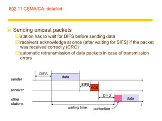 802.11 CSMA/CA: detailed
 Sending unicast packets
station has to wait for DIFS before sending data
receivers acknowledge at once (after waiting for SIFS) if the packet
was received correctly (CRC)
automatic retransmission of data packets in case of transmission
errors
t
SIFS
DIFS
data
ACK
waiting time
other
stations
receiver
sender
data
DIFS
contention
 