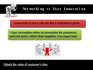 Unlock the value of customer‘s idea Networking vs User Innovation Innovation is not a solo act but a multiplayer game. User innovation refers to innovation by consumers  and end users, rather than suppliers.  (Von Hippel 1986) 