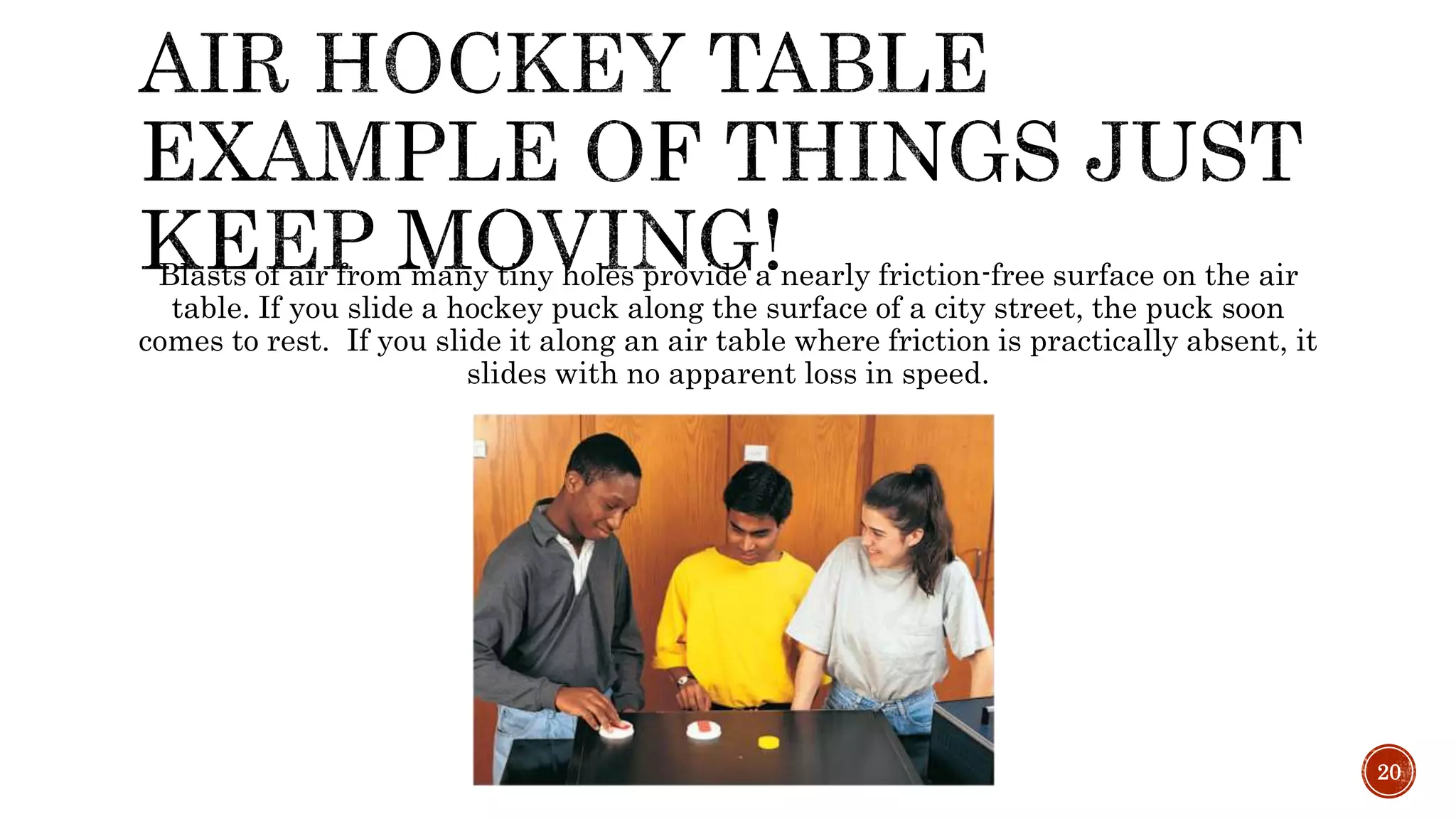 Blasts of air from many tiny holes provide a nearly friction-free surface on the air
table. If you slide a hockey puck along the surface of a city street, the puck soon
comes to rest. If you slide it along an air table where friction is practically absent, it
slides with no apparent loss in speed.
20
 