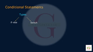 Conditional Statements
Types
if-else Switch
 