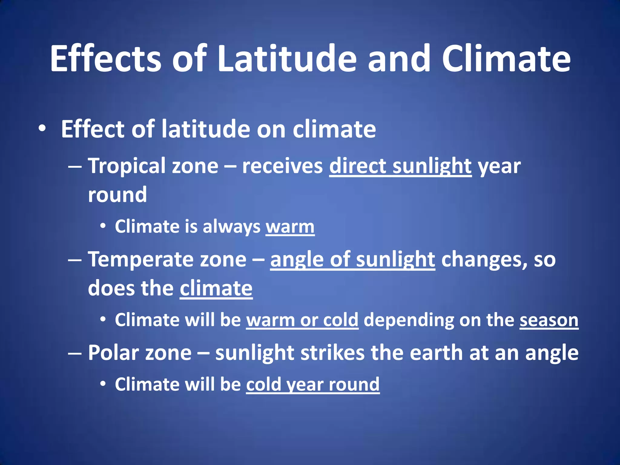 Effects of Latitude and ClimateEffect of latitude on climateTropical zone – receives direct sunlight year roundClimate is always warmTemperate zone – angle of sunlight changes, so does the climateClimate will be warm or cold depending on the seasonPolar zone – sunlight strikes the earth at an angleClimate will be cold year round