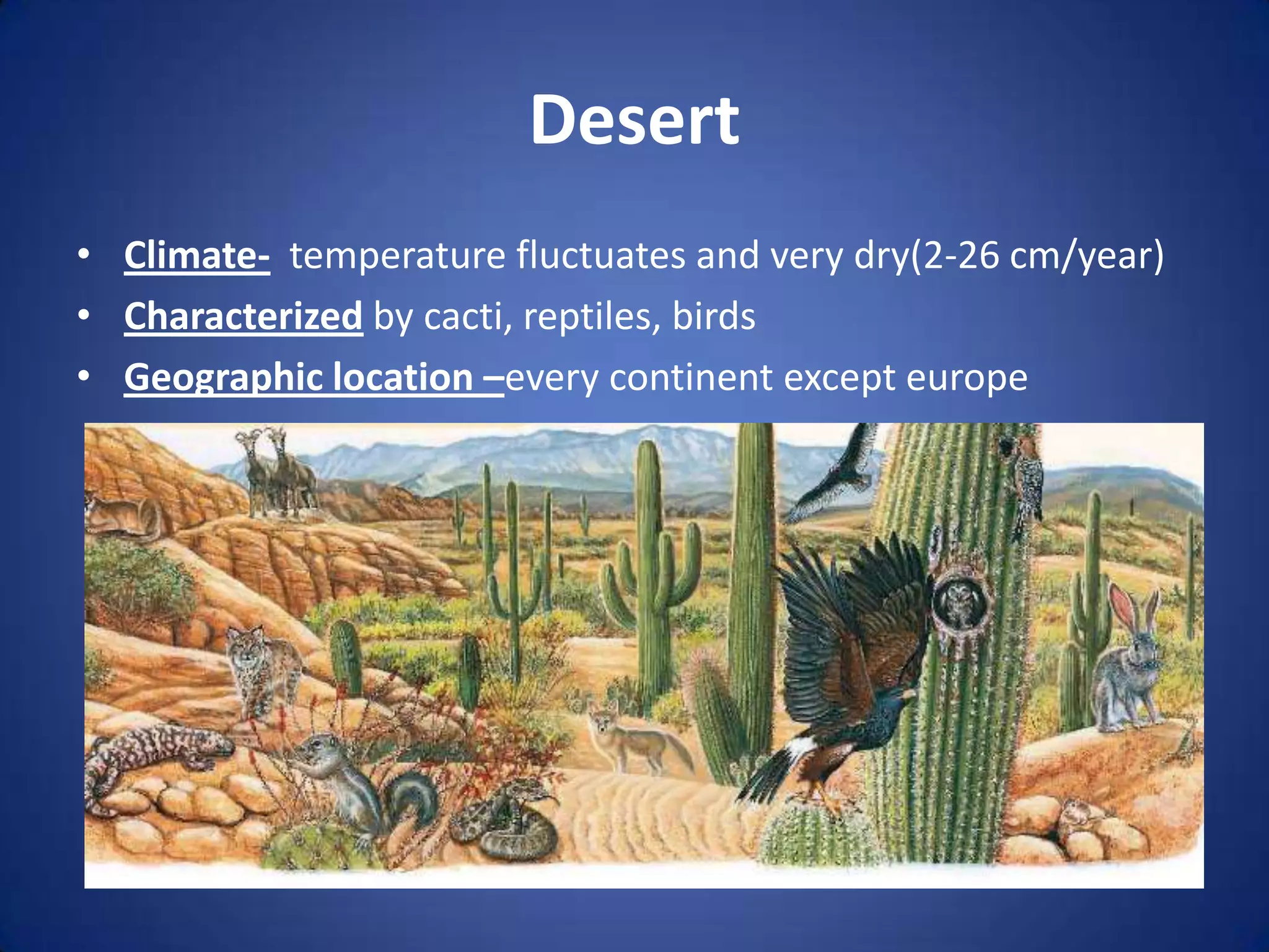 DesertClimate-  temperature fluctuates and very dry(2-26 cm/year)Characterized by cacti, reptiles, birdsGeographic location –every continent except europe