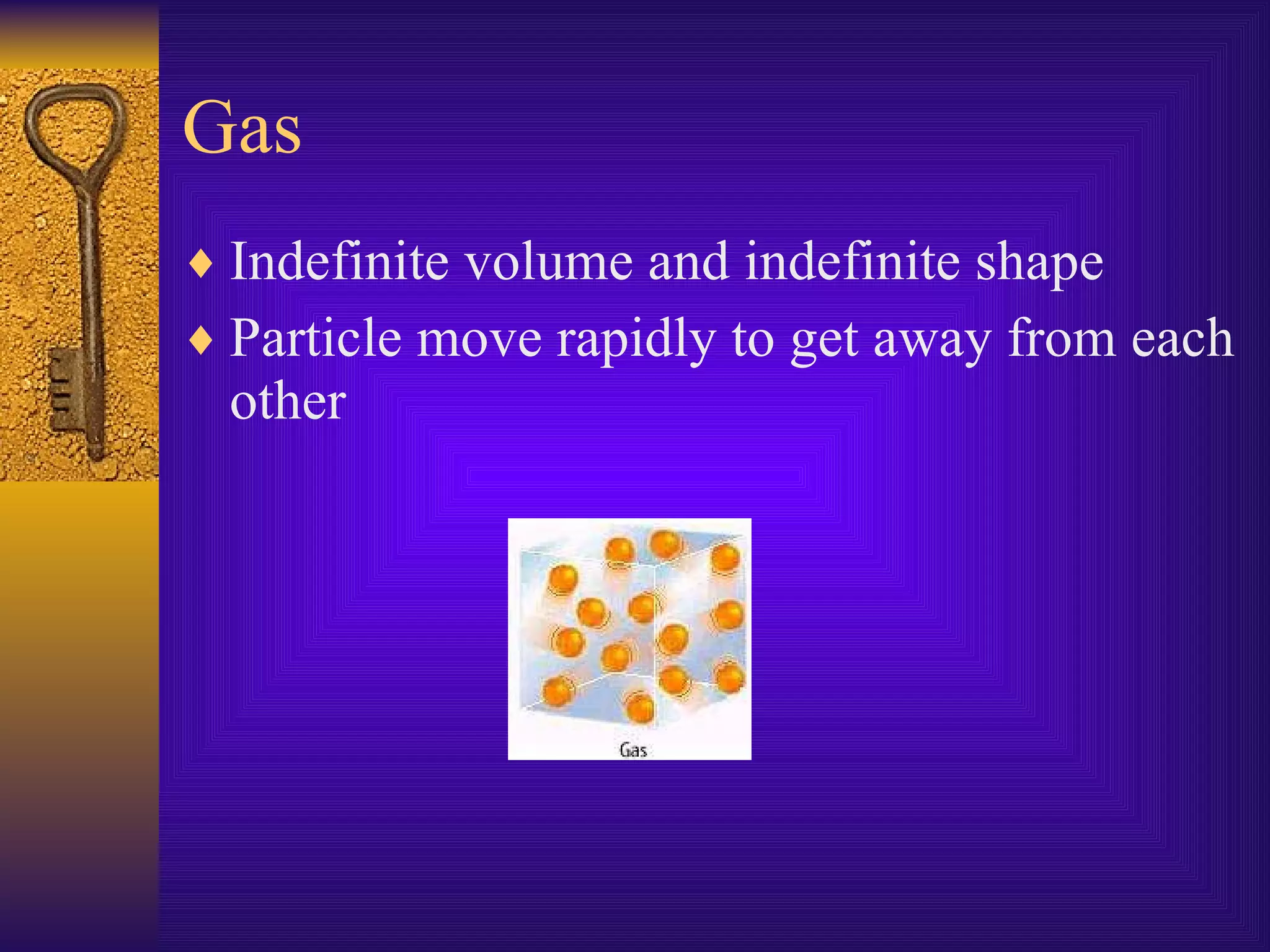 Gas Indefinite volume and indefinite shape Particle move rapidly to get away from each other