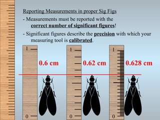 Reporting Measurements in proper Sig Figs - Measurements must be reported with the  correct number of significant figures ! - Significant figures describe the  precision  with which your measuring tool is  calibrated . 0.6 cm 0.62 cm 0.628 cm 0 1 0 1 0 1 