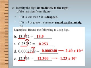c.  Identify the digit  immediately to the right   of the last significant figure: If it is less than 5 it is  dropped . If it is 5 or greater, you must  round up the last sig fig . Examples:  Round the following to 3 sig figs. 13.542 = _________ 0.25252 = _________ 0.0002398 = _________  12,346 = _________ 13.5 0.253 0.000240 12,300 2.40 x 10 -4 1.23 x 10 4 