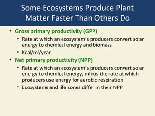 Some Ecosystems Produce Plant
     Matter Faster Than Others Do
• Gross primary productivity (GPP)
  • Rate at which an ecosystem’s producers convert solar
    energy to chemical energy and biomass
  • Kcal/m2/year
• Net primary productivity (NPP)
  • Rate at which an ecosystem’s producers convert solar
    energy to chemical energy, minus the rate at which
    producers use energy for aerobic respiration
  • Ecosystems and life zones differ in their NPP
 