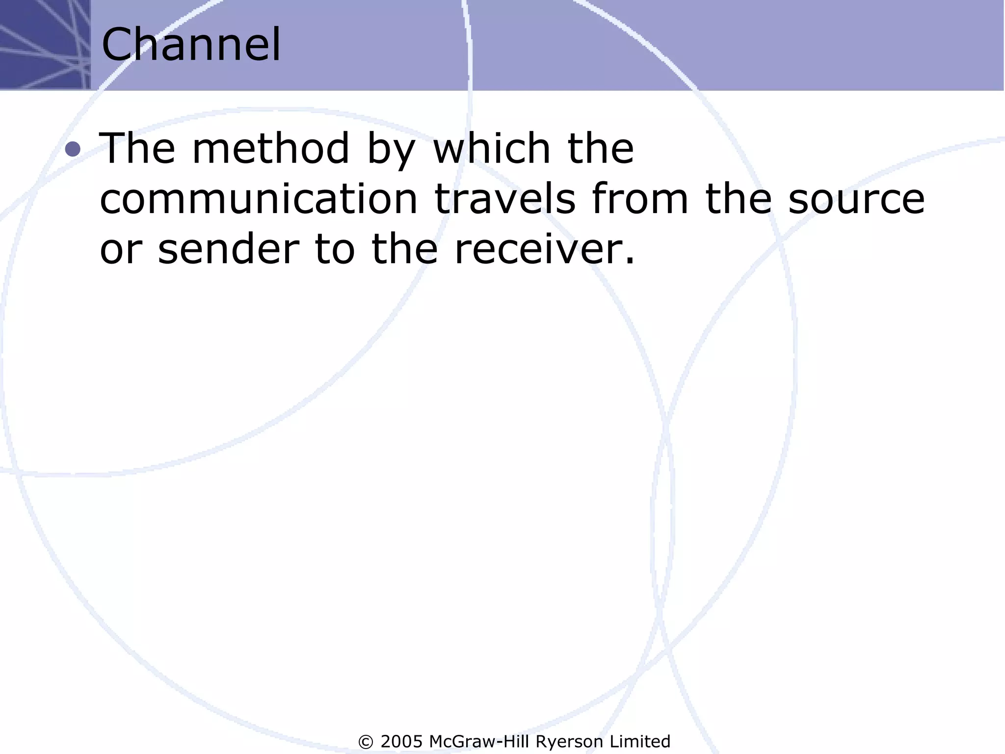 Channel

• The method by which the
  communication travels from the source
  or sender to the receiver.




             © 2005 McGraw-Hill Ryerson Limited
 