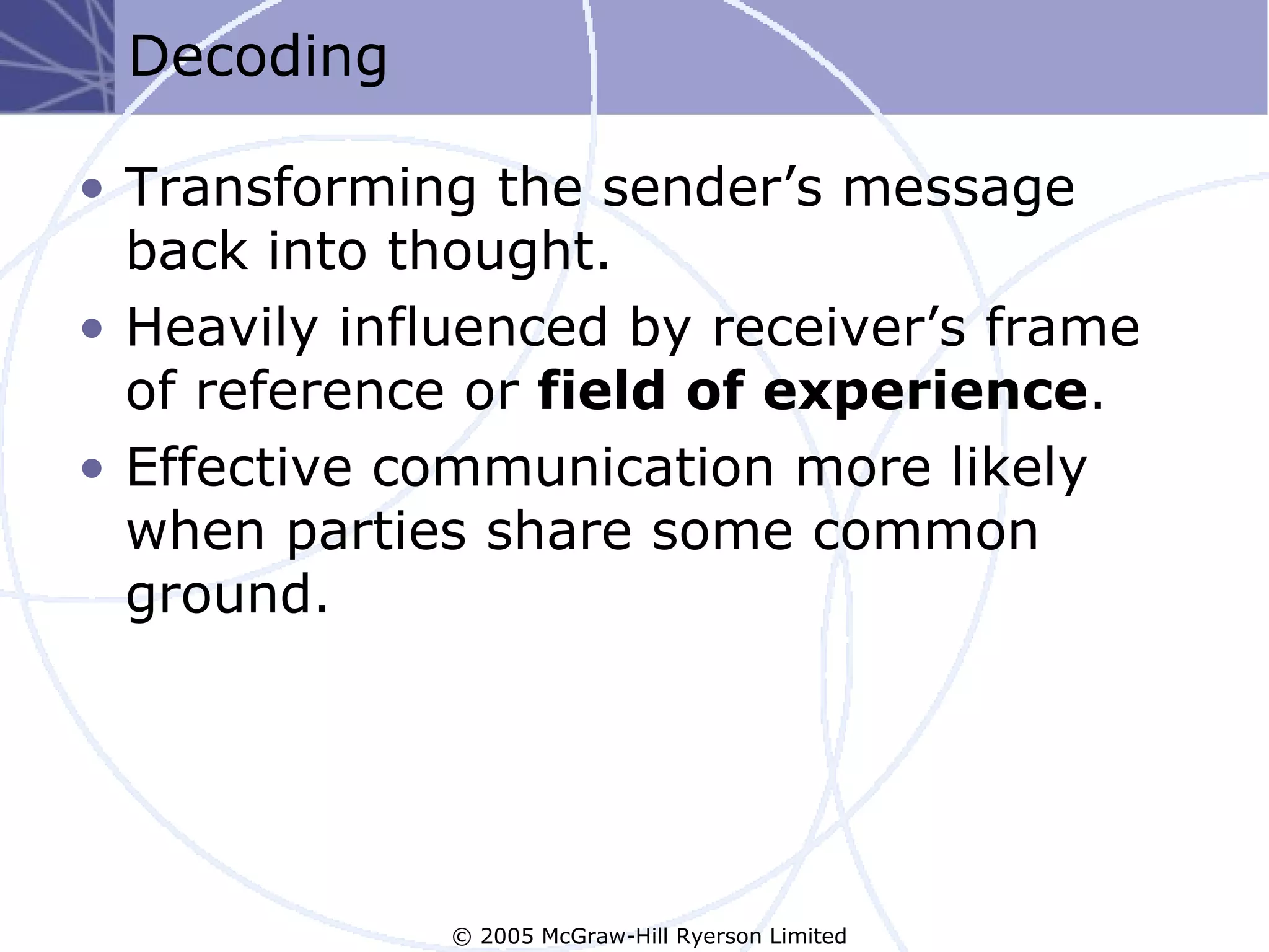Decoding

• Transforming the sender’s message
  back into thought.
• Heavily influenced by receiver’s frame
  of reference or field of experience.
• Effective communication more likely
  when parties share some common
  ground.




              © 2005 McGraw-Hill Ryerson Limited
 