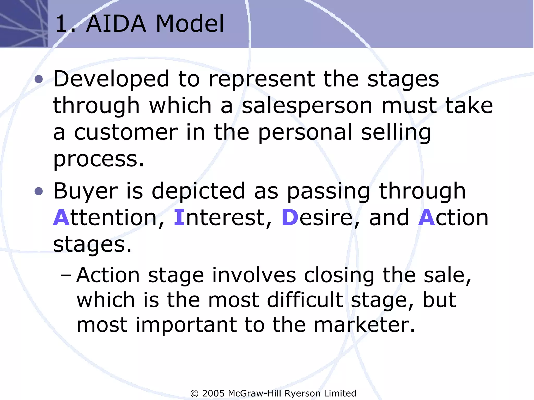1. AIDA Model

• Developed to represent the stages
  through which a salesperson must take
  a customer in the personal selling
  process.
• Buyer is depicted as passing through
  Attention, Interest, Desire, and Action
  stages.
  – Action stage involves closing the sale,
    which is the most difficult stage, but
    most important to the marketer.


              © 2005 McGraw-Hill Ryerson Limited
 