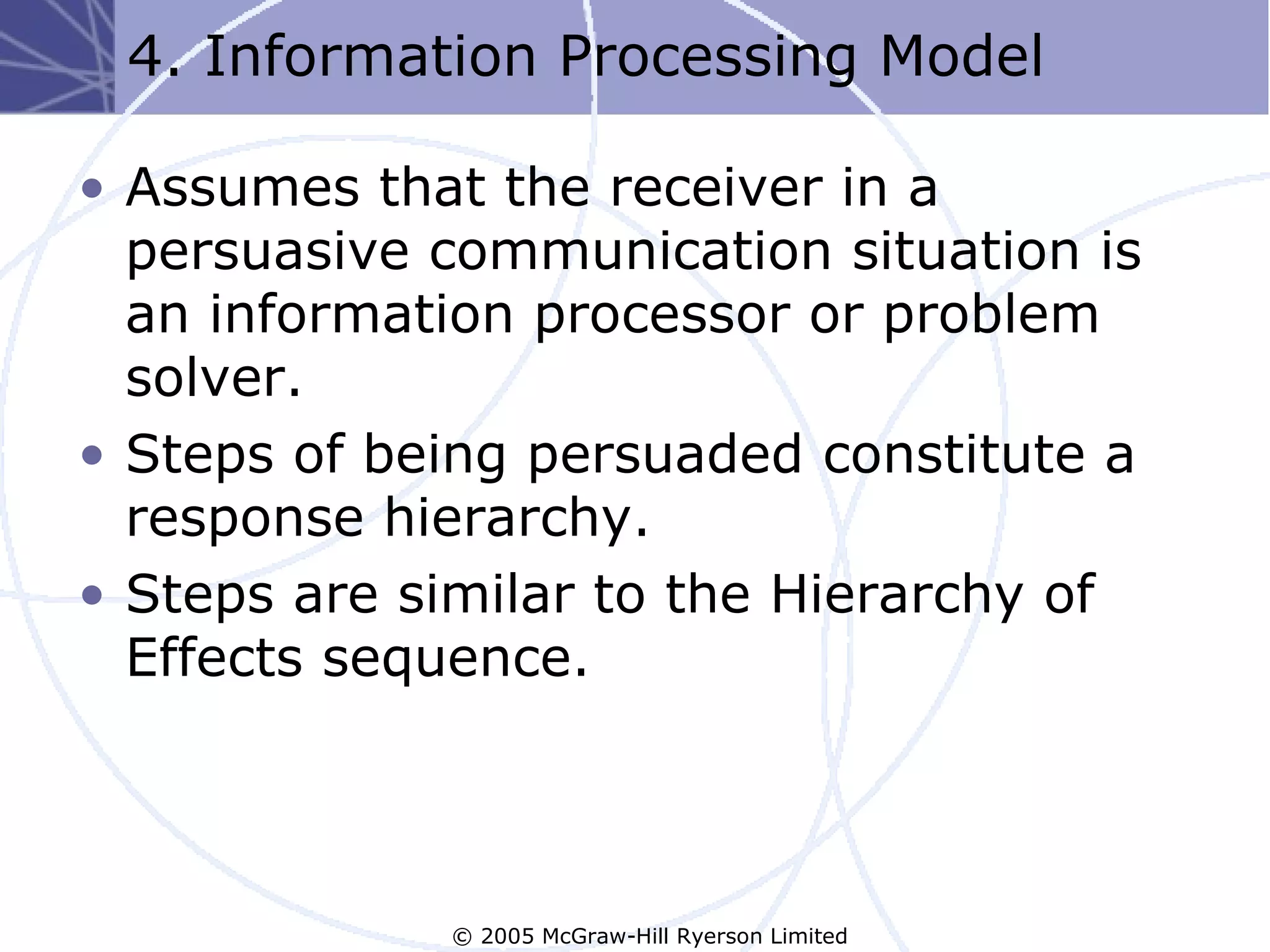 4. Information Processing Model

• Assumes that the receiver in a
  persuasive communication situation is
  an information processor or problem
  solver.
• Steps of being persuaded constitute a
  response hierarchy.
• Steps are similar to the Hierarchy of
  Effects sequence.




             © 2005 McGraw-Hill Ryerson Limited
 