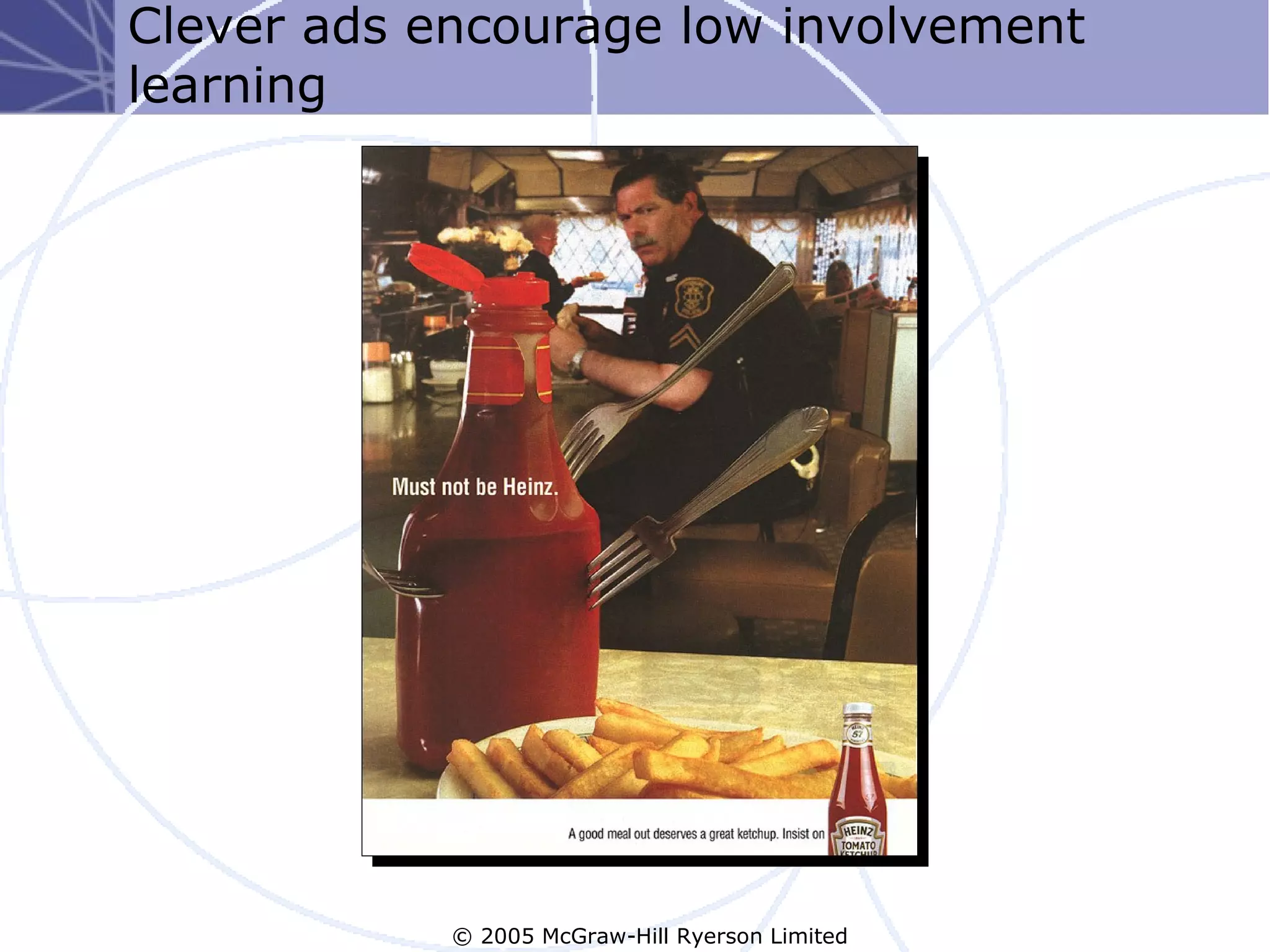 Clever ads encourage low involvement
learning




            © 2005 McGraw-Hill Ryerson Limited
 