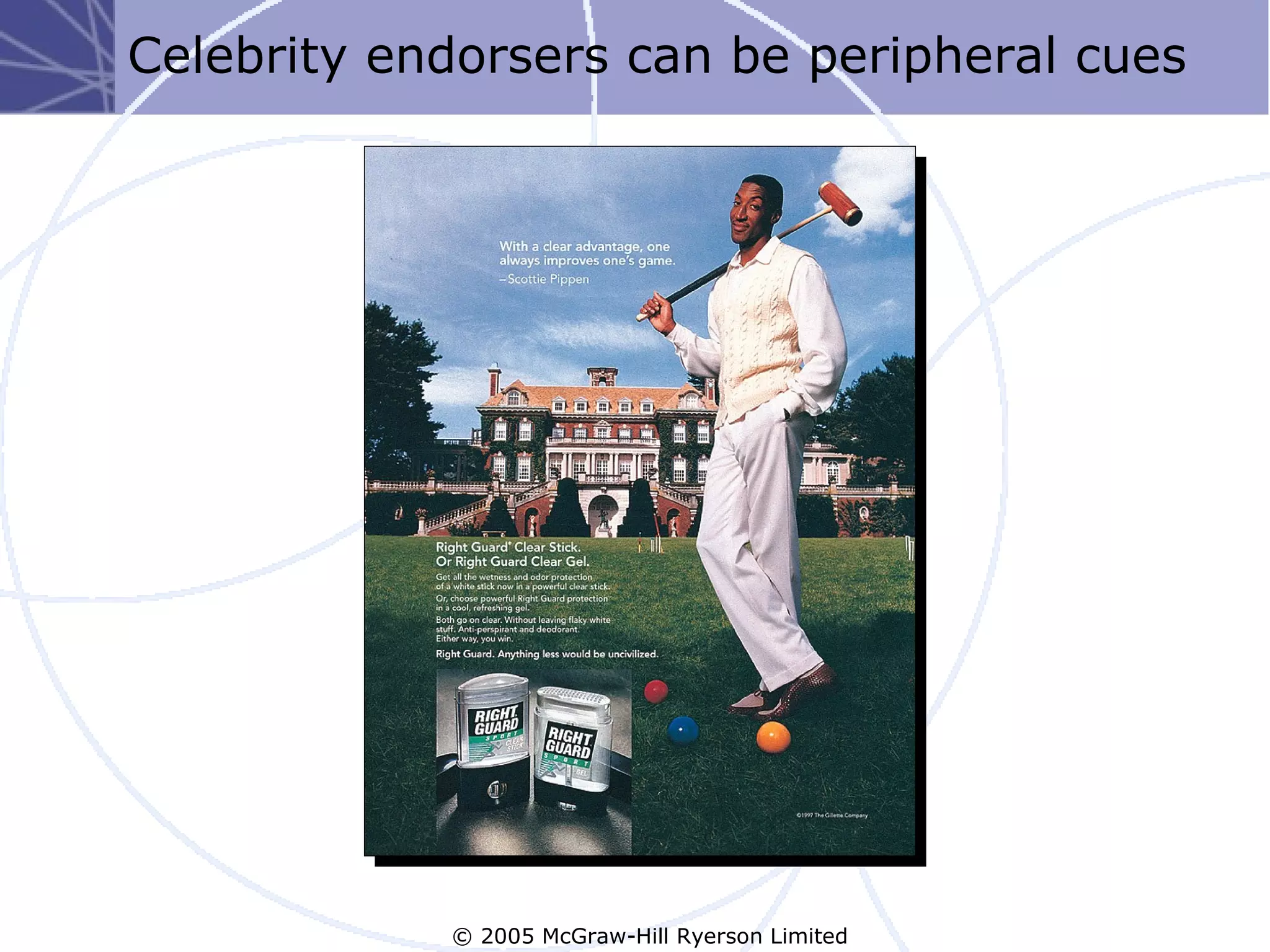 Celebrity endorsers can be peripheral cues




            © 2005 McGraw-Hill Ryerson Limited
 