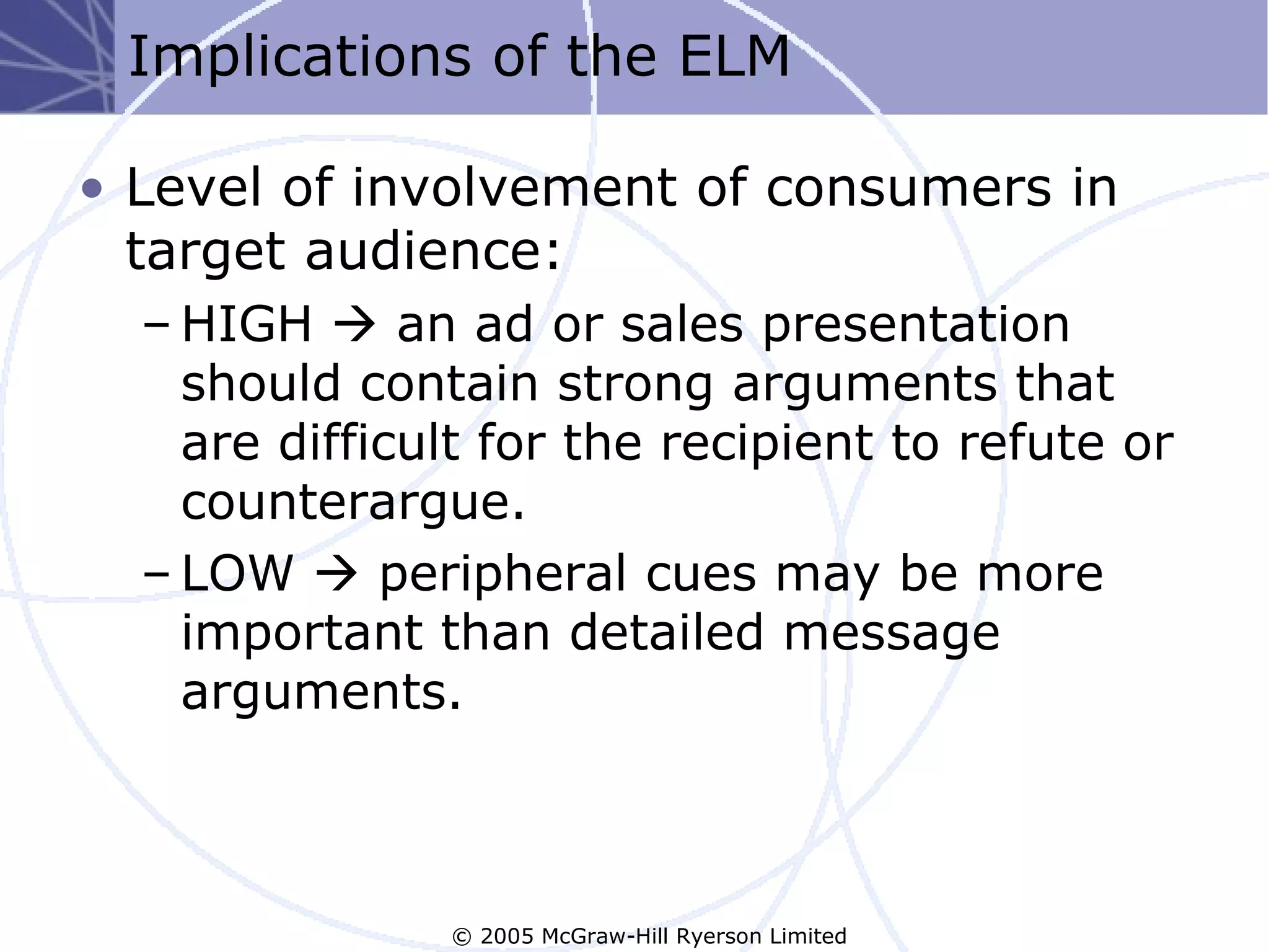 Implications of the ELM

• Level of involvement of consumers in
  target audience:
  – HIGH  an ad or sales presentation
    should contain strong arguments that
    are difficult for the recipient to refute or
    counterargue.
  – LOW  peripheral cues may be more
    important than detailed message
    arguments.



               © 2005 McGraw-Hill Ryerson Limited
 