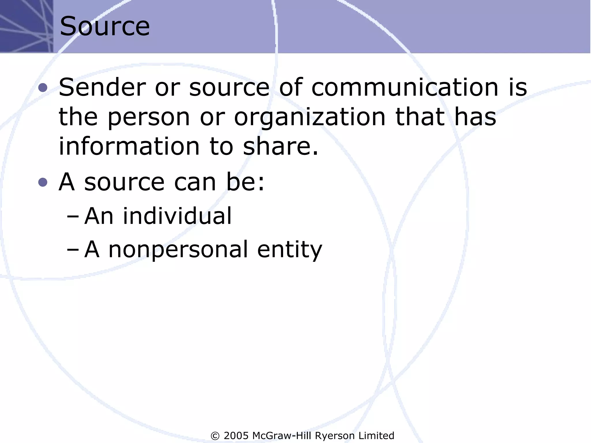 Source

• Sender or source of communication is
  the person or organization that has
  information to share.
• A source can be:
  – An individual
  – A nonpersonal entity




              © 2005 McGraw-Hill Ryerson Limited
 