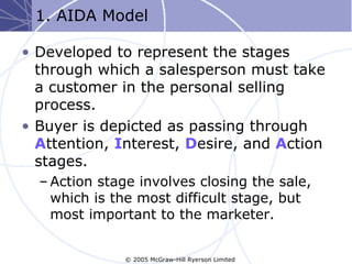 1. AIDA Model

• Developed to represent the stages
  through which a salesperson must take
  a customer in the personal selling
  process.
• Buyer is depicted as passing through
  Attention, Interest, Desire, and Action
  stages.
  – Action stage involves closing the sale,
    which is the most difficult stage, but
    most important to the marketer.


              © 2005 McGraw-Hill Ryerson Limited
 