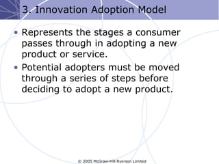 3. Innovation Adoption Model

• Represents the stages a consumer
  passes through in adopting a new
  product or service.
• Potential adopters must be moved
  through a series of steps before
  deciding to adopt a new product.




             © 2005 McGraw-Hill Ryerson Limited
 