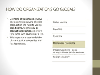 HOW DO ORGANIZATIONS GO GLOBAL?
• Licensing or franchising, involve
one organization giving another
organization the right to use its
brand name, technology, or
product specifications in return
for a lump sum payment or a fee.
• This approach is used widely by
pharmaceutical companies and
fast food chains.
Global sourcing
Exporting
Importing
Licensing or Franchising
Direct investments - global
strategic alliance & Joint ventures
Foreign subsidiary
 