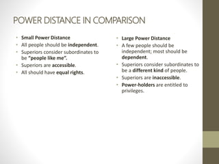 POWER DISTANCE IN COMPARISON
• Small Power Distance
• All people should be independent.
• Superiors consider subordinates to
be “people like me”.
• Superiors are accessible.
• All should have equal rights.
• Large Power Distance
• A few people should be
independent; most should be
dependent.
• Superiors consider subordinates to
be a different kind of people.
• Superiors are inaccessible.
• Power-holders are entitled to
privileges.
 