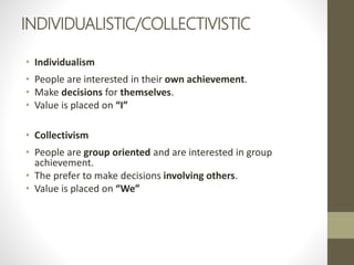 INDIVIDUALISTIC/COLLECTIVISTIC
• Individualism
• People are interested in their own achievement.
• Make decisions for themselves.
• Value is placed on “I”
• Collectivism
• People are group oriented and are interested in group
achievement.
• The prefer to make decisions involving others.
• Value is placed on “We”
 