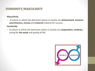 FEMININITY/MASCULINITY
Masculinity
• A culture in which the dominant values in society are achievement, heroism,
assertiveness, money and material rewards for success.
Femininity
• A culture in which the dominant values in society are cooperation, modesty,
caring for the weak and quality of life.
 