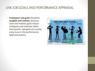 LINK JOB GOALS AND PERFORMANCE APPRAISAL
• Employees’ job goals should be
tangible and realistic, because
clear and realistic goals reduce
ambiguity and motivate rather
than punish. Job goals are usually
a key issue in the performance
appraisal process
 