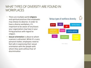 WHAT TYPES OF DIVERSITY ARE FOUND IN
WORKPLACES
• There are multiple world religions
and spiritual practices that employees
may choose to observe. In order to
have a diverse workplace, it’s
important to be aware of any biases
your organization may have in your
hiring practices with regard to
religion.
• Sexual orientation is about to whom
a person is attracted. While it’s a very
personal matter, employees need to
feel safe in expressing their sexual
orientation with the people with
whom they work without fear of
discrimination
 
