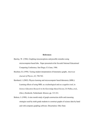 References

Barclay, W. (1986). Graphing misconceptions and possible remedies using

       microcomputer-based labs. Paper presented at the Seventh National Educational

       Computing Conference, San Diego, CA June, 1986.

Beichner, R. (1994). Testing student interpretation of kinematics graphs. American

       Journal of Physics, 62, 750-762.

Bernhard, J. (2003). Physics learning and microcomputer based laboratory (MBL):

       Learning effects of using MBL as a technological and as a cognitive tool, in

       Science Education Research in the Knowledge Based Society, D. Psillos, et al.,

       (Eds.), Dordrecht, Netherlands: Kluwer, pp. 313-321.

Bohren, J. (1988). A nine month study of graph construction skills and reasoning

       strategies used by ninth grade students to construct graphs of science data by hand

       and with computer graphing software. Dissertation. Ohio State
 