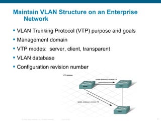 Maintain VLAN Structure on an Enterprise
   Network
 VLAN Trunking Protocol (VTP) purpose and goals
 Management domain
 VTP modes: server, client, transparent
 VLAN database
 Configuration revision number




   © 2006 Cisco Systems, Inc. All rights reserved.   Cisco Public   21
 