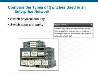Compare the Types of Switches Used in an
  Enterprise Network
 Switch physical security
 Switch access security




   © 2006 Cisco Systems, Inc. All rights reserved.   Cisco Public   6
 