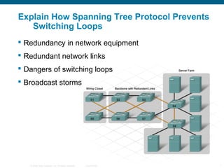 Explain How Spanning Tree Protocol Prevents
   Switching Loops
 Redundancy in network equipment
 Redundant network links
 Dangers of switching loops
 Broadcast storms




   © 2006 Cisco Systems, Inc. All rights reserved.   Cisco Public   7
 