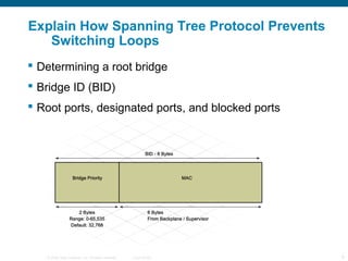 Explain How Spanning Tree Protocol Prevents
   Switching Loops
 Determining a root bridge
 Bridge ID (BID)
 Root ports, designated ports, and blocked ports




   © 2006 Cisco Systems, Inc. All rights reserved.   Cisco Public   9
 