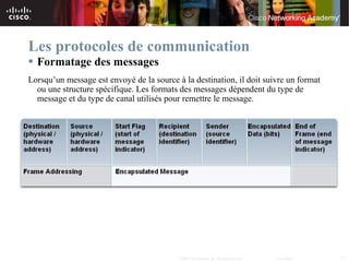 Les protocoles de communication
 Formatage des messages
Lorsqu’un message est envoyé de la source à la destination, il doit suivre un format
  ou une structure spécifique. Les formats des messages dépendent du type de
  message et du type de canal utilisés pour remettre le message.




                                           © 2007 Cisco Systems, Inc. All rights reserved.   Cisco Public   11
 