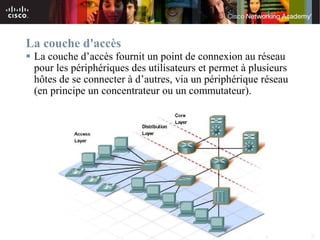 La couche d'accès
 La couche d’accès fournit un point de connexion au réseau
  pour les périphériques des utilisateurs et permet à plusieurs
  hôtes de se connecter à d’autres, via un périphérique réseau
  (en principe un concentrateur ou un commutateur).




                                 © 2007 Cisco Systems, Inc. All rights reserved.   Cisco Public   22
 