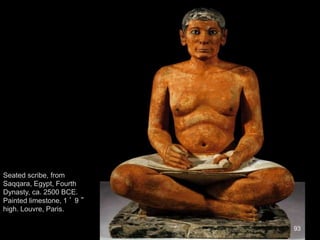 93
Seated scribe, from
Saqqara, Egypt, Fourth
Dynasty, ca. 2500 BCE.
Painted limestone, 1 ’ 9 ”
high. Louvre, Paris.
 
