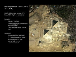 Great Pyramids, Gizeh, 2551-
2472 BCE,
Khufu: Oldest and largest: 775 ’
long, 480 ’ high, 13 acre area
Location
West of the Nile
Sides oriented to the cardinal
points( NSEW)
Temples faced East (rising
sun)
Structure
Solid limestone masonry
2.3 million blocks of stone
Each weighs 2.5 tons
“Ashlar Masonry”
 