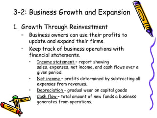 3-2: Business Growth and Expansion1.  Growth Through ReinvestmentBusiness owners can use their profits to update and expand their firms.Keep track of business operations with financial statements.Income statement – report showing sales, expenses, net income, and cash flows over a given period.Net income – profits determined by subtracting all expenses from revenues.Depreciation – gradual wear on capital goodsCash flow – total amount of new funds a business generates from operations.