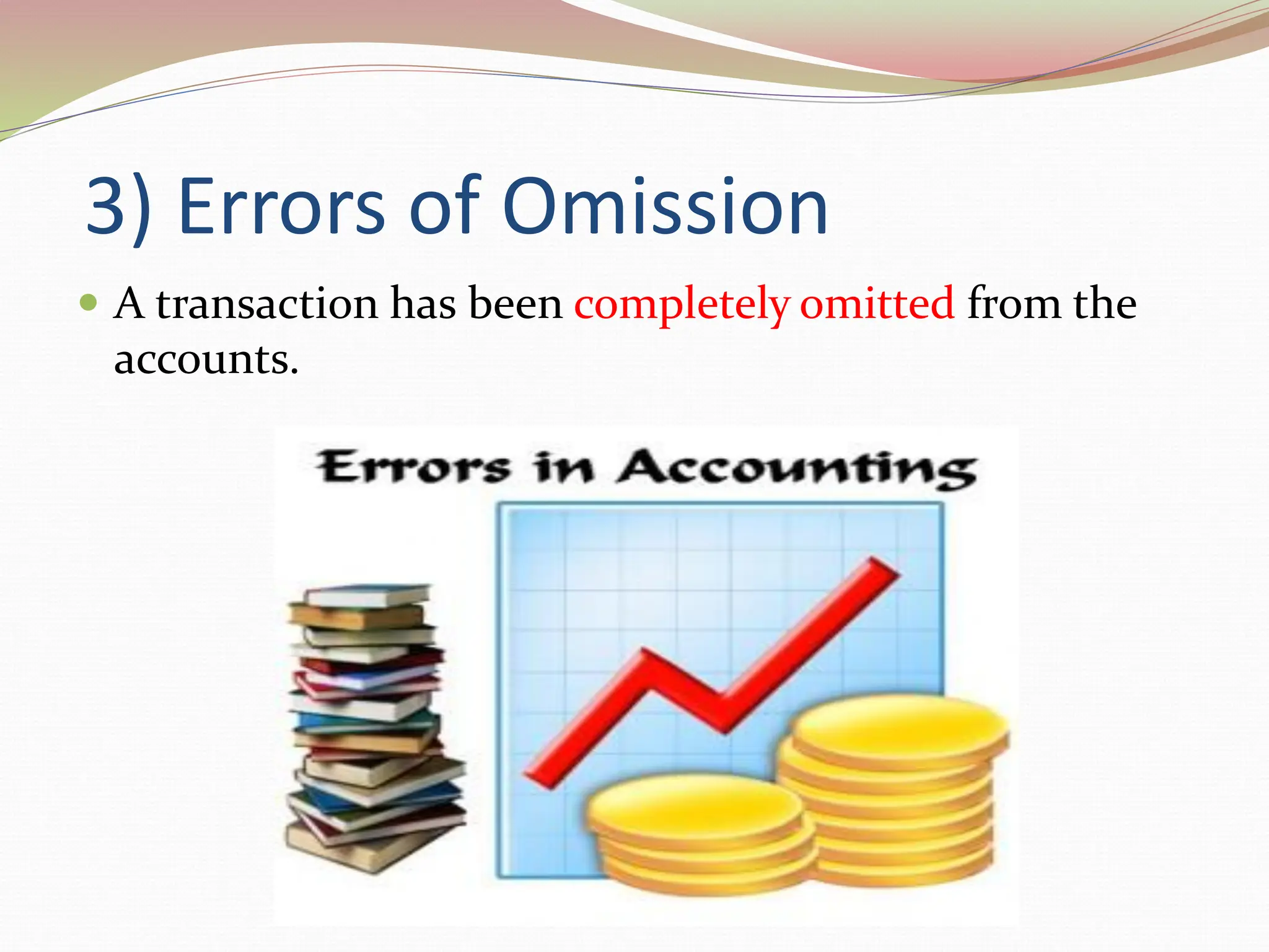 3) Errors of Omission
 A transaction has been completely omitted from the
accounts.
 