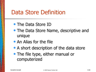 Kendall & Kendall © 2005 Pearson Prentice Hall 8-28
Data Store Definition
• The Data Store ID
• The Data Store Name, descriptive and
unique
• An Alias for the file
• A short description of the data store
• The file type, either manual or
computerized
 