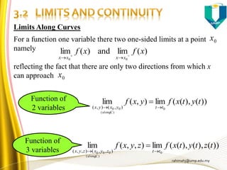 rahimahj@ump.edu.my
Limits Along Curves
For a function one variable there two one-sided limits at a point
namely
reflecting the fact that there are only two directions from which x
can approach
0x
)(limand)(lim
00
xfxf
xxxx 

0x
Function of
2 variables
Function of
3 variables
))(),((lim),(lim
0
)Calong(
00 ),(),(
tytxfyxf
ttyxyx 

))(),(),((lim),,(lim
0
)Calong(
000 ),,(),,(
tztytxfzyxf
ttzyxzyx 

 