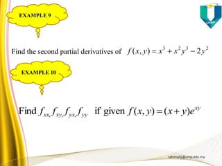 rahimahj@ump.edu.my
2323
2),( yyxxyxf Find the second partial derivatives of
xy
yyyxxyxx eyxyxfffff )(),(givenifFind ,,, 
EXAMPLE 9
EXAMPLE 10
 