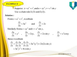 rahimahj@ump.edu.my
yvxyu
yxvyu
x
v
v
z
x
u
u
z
x
z
x
y
v
yx
x
v
xy
y
u
y
x
u
yxvxyu
v
v
z
u
u
z
vuz
yzxz
yxvxyuv
sin43
)sin2(2)(3
obtainweHence
cosy,sin2,2,
,sinandfromSimilarly
2and3
obtainwe,From
.andrulechainaUse
sin,and,uzSuppose
22
22
22
22
2
23
2233




































Solution :
EXAMPLE 11
 